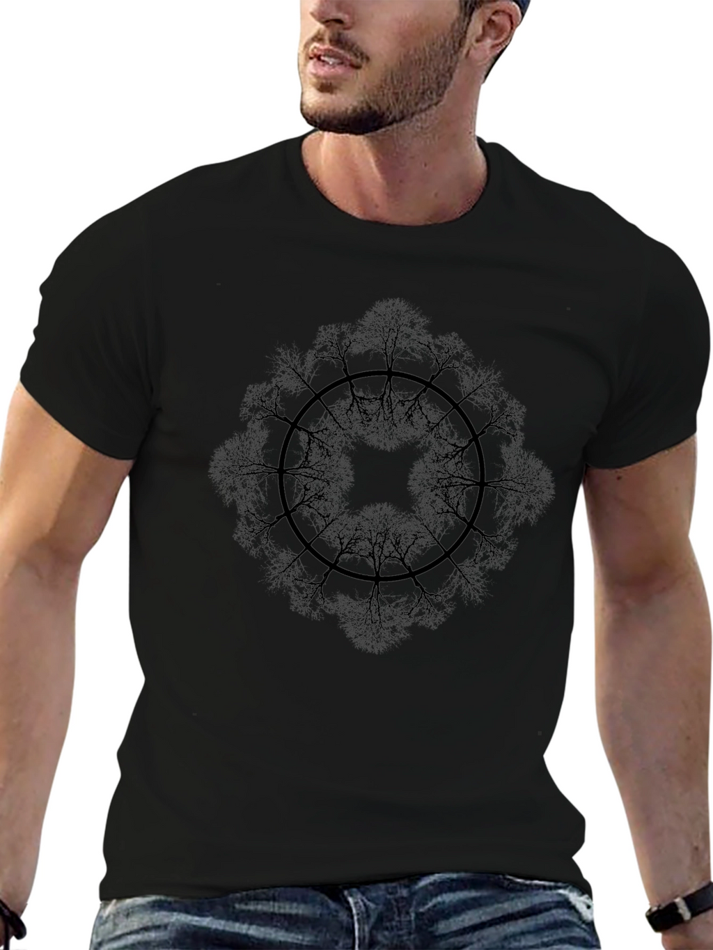 Black T-Shirt with Tree Mandala Design