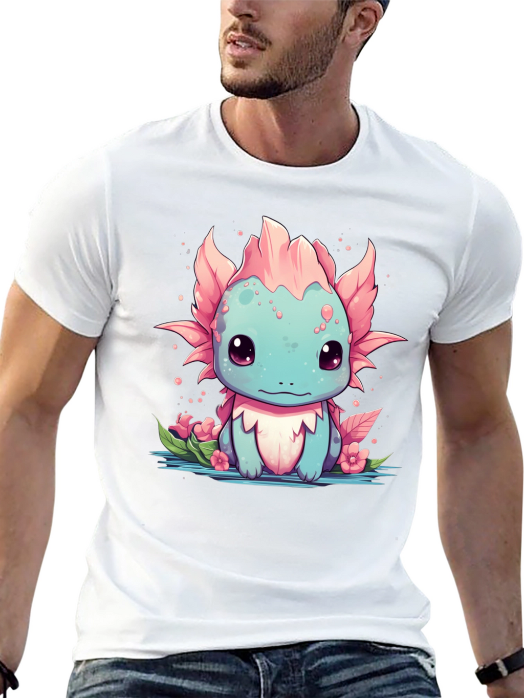 Axolotl Cartoon Graphic T-Shirt - Mens Black Tee