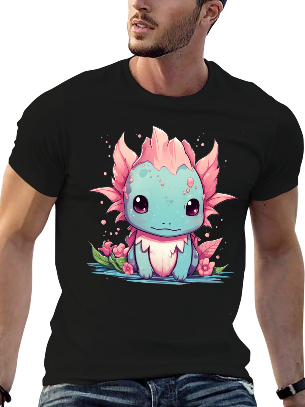 Axolotl Cartoon Graphic T-Shirt - Mens Black Tee