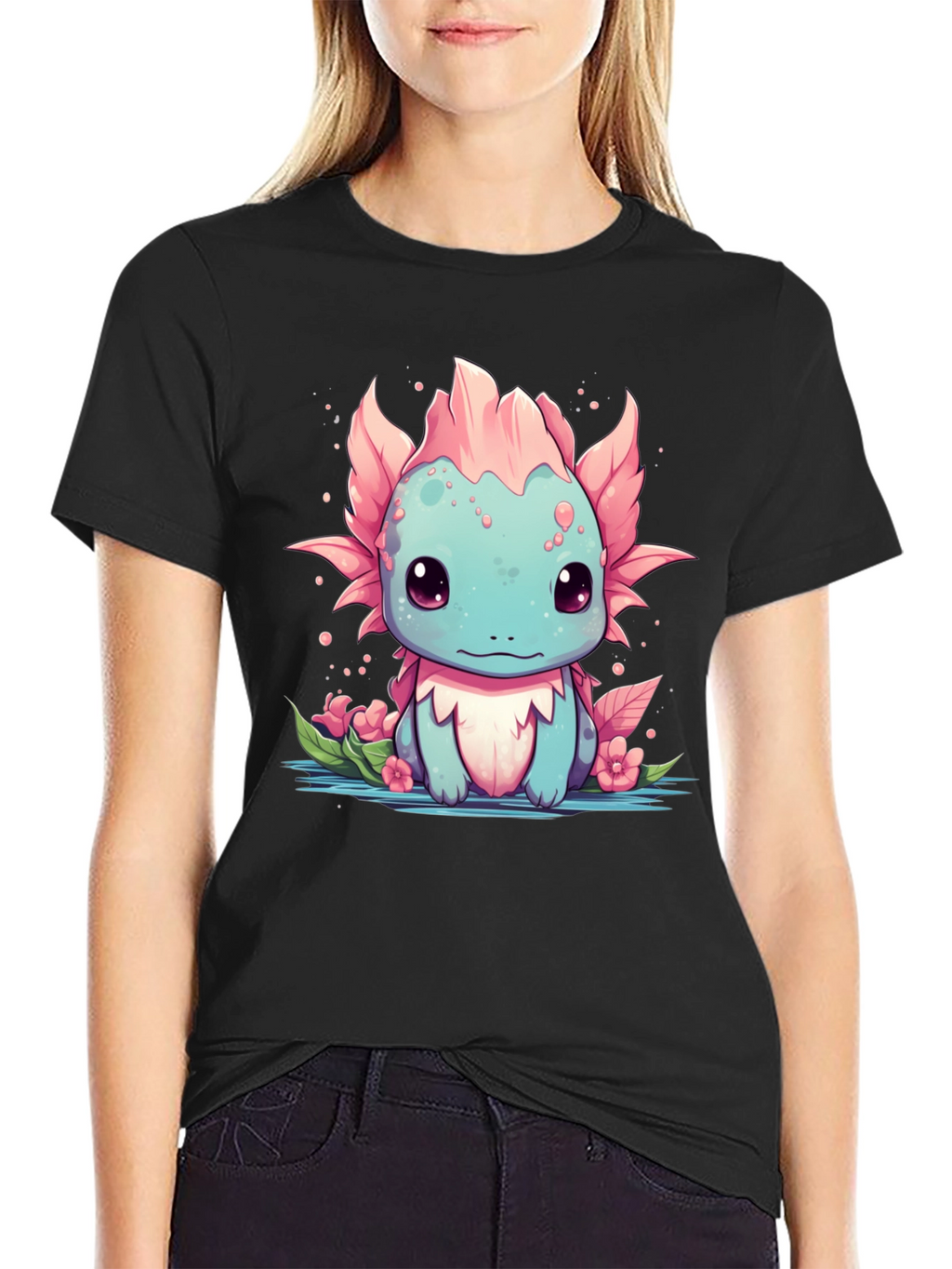 Axolotl Cartoon Graphic T-Shirt - Mens Black Tee