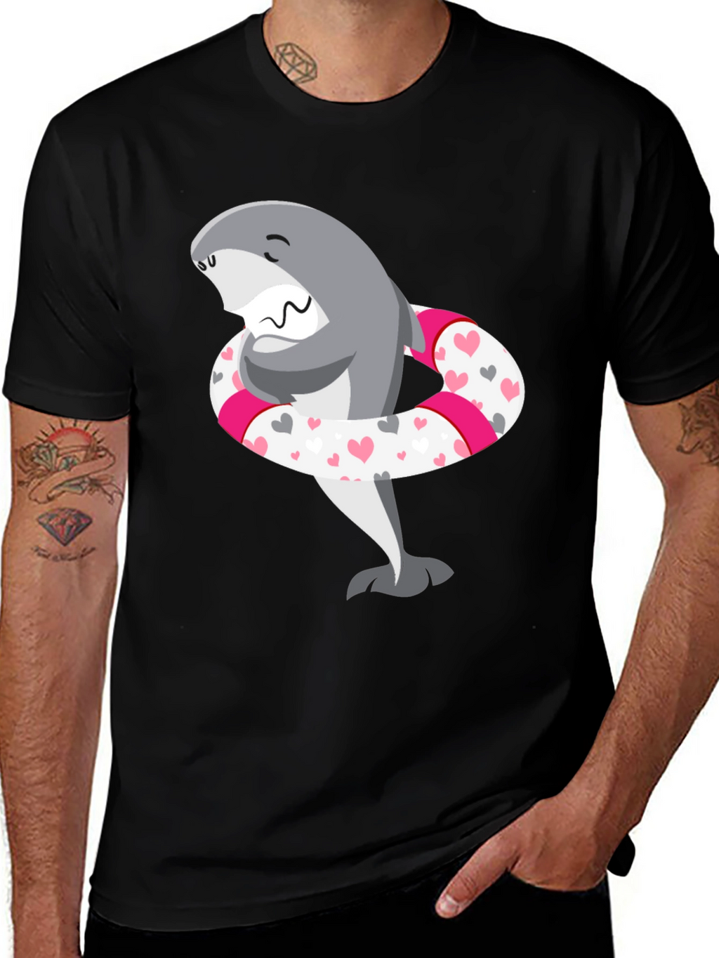 Shark in Heart Tube Mens Black T-Shirt