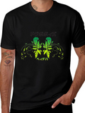 Black T-Shirt with Green Floral Japanese Print