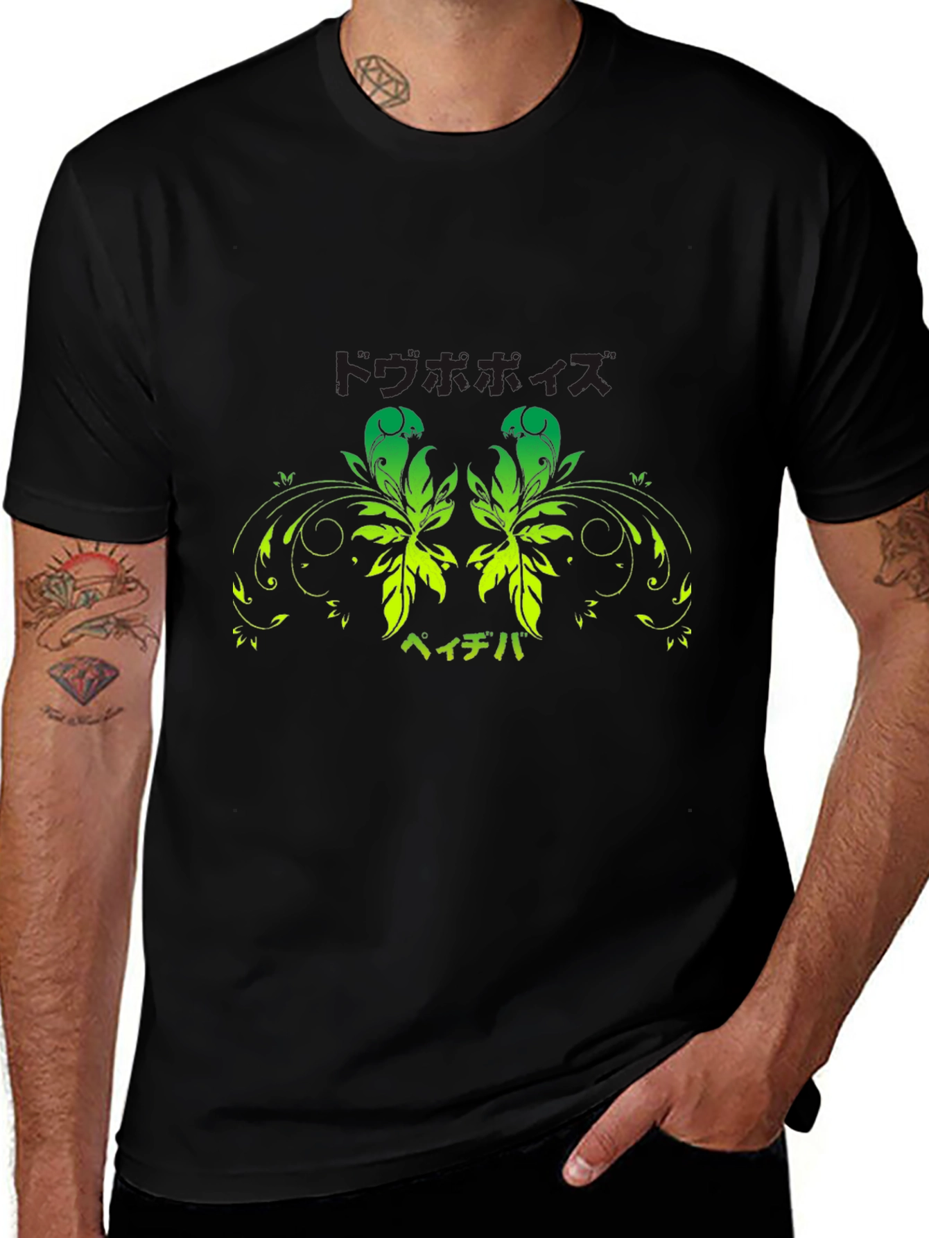 Black T-Shirt with Green Floral Japanese Print