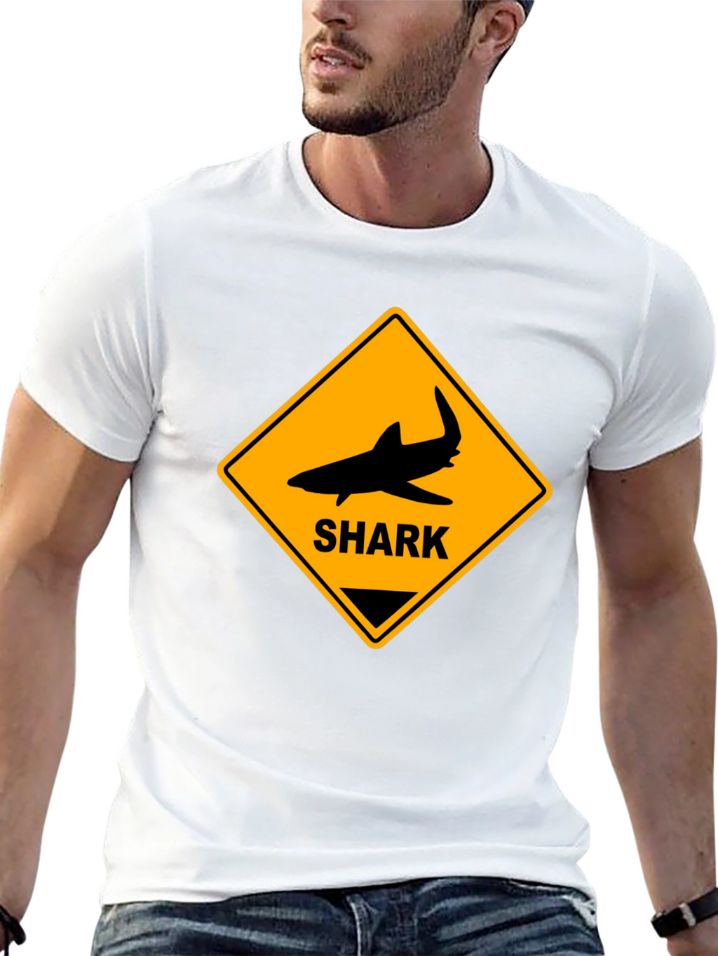 Shark Warning Sign Graphic Tee - Black Cotton T-Shirt