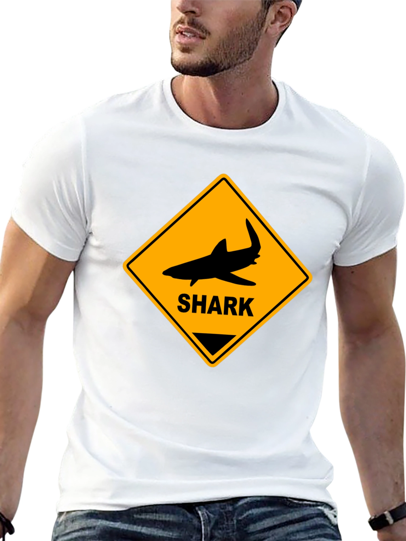 Shark Warning Sign Graphic Tee - Black Cotton T-Shirt