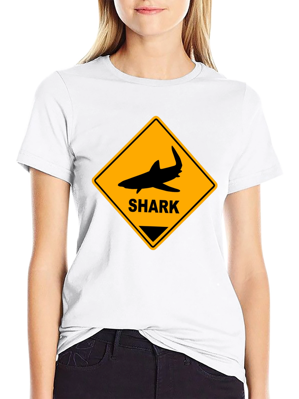 Shark Warning Sign Graphic Tee - Black Cotton T-Shirt