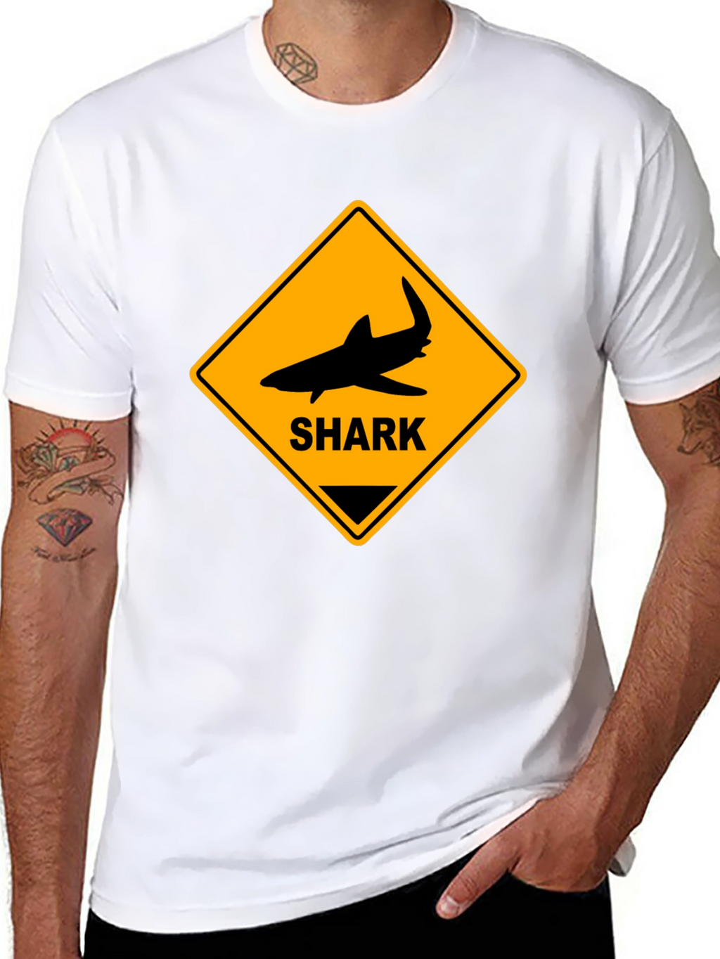 Shark Warning Sign Graphic Tee - Black Cotton T-Shirt