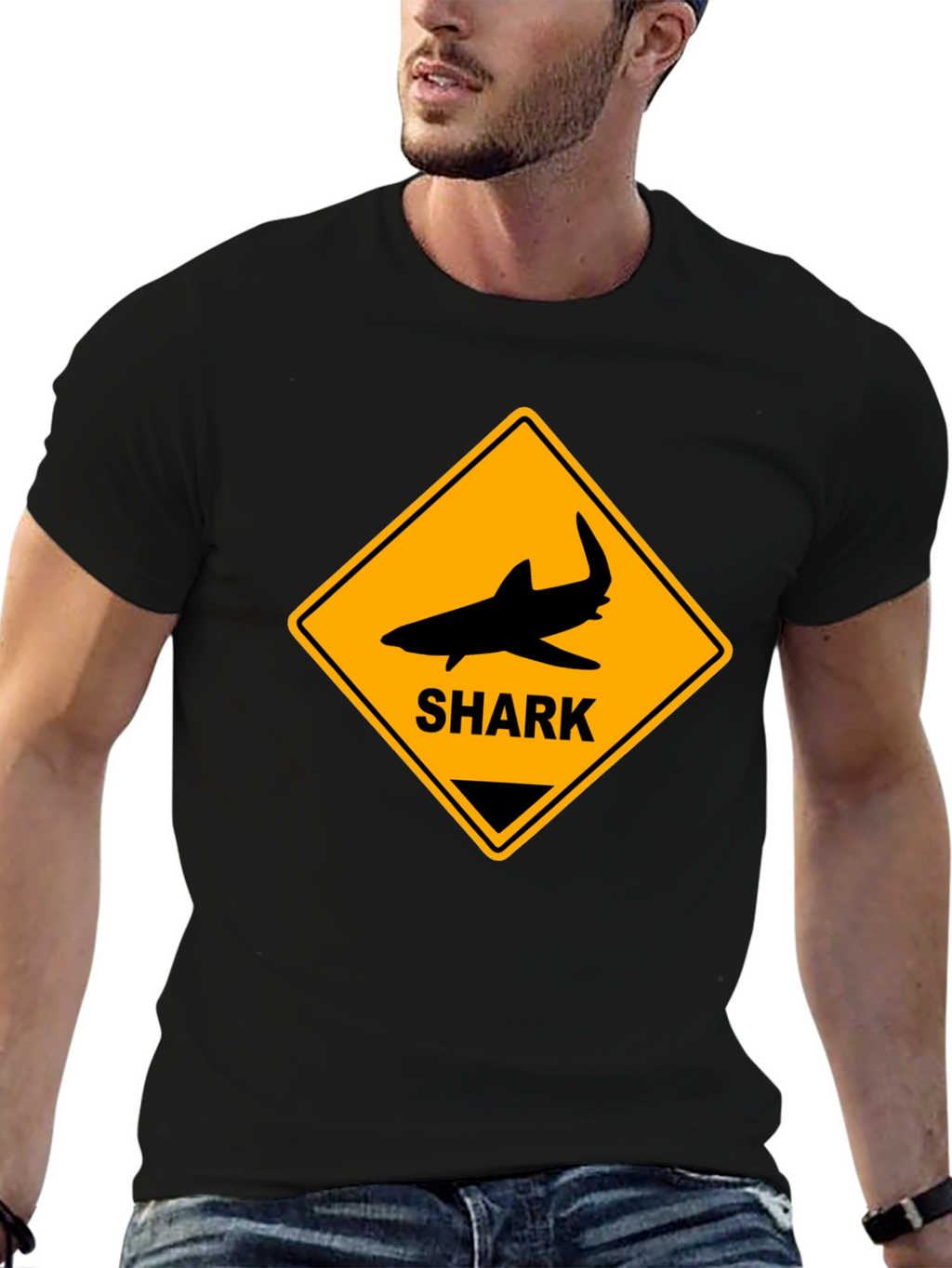 Shark Warning Sign Graphic Tee - Black Cotton T-Shirt