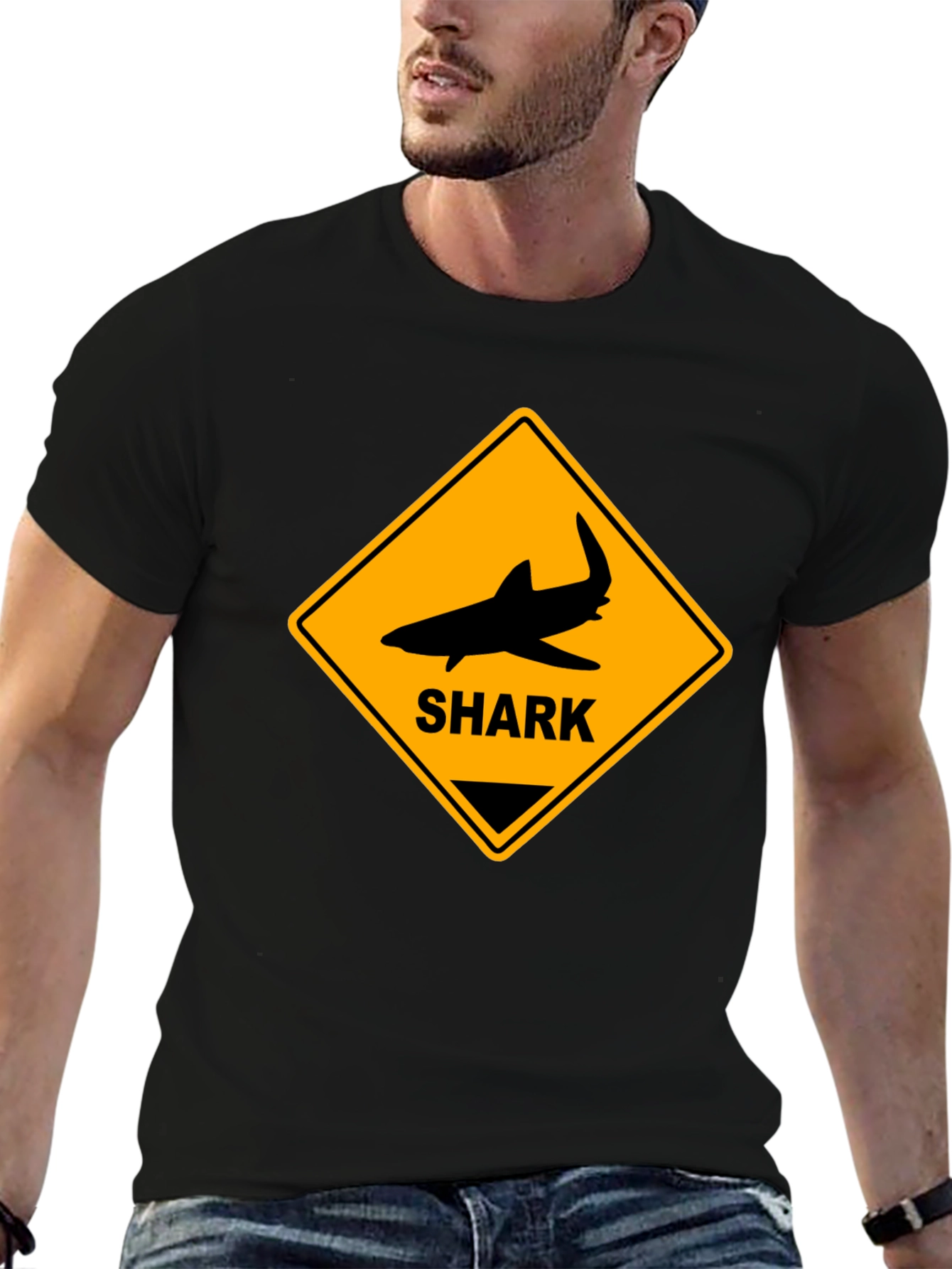 Shark Warning Sign Graphic Tee - Black Cotton T-Shirt