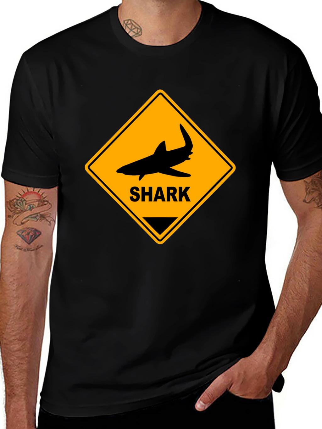 Shark Warning Sign Graphic Tee - Black Cotton T-Shirt