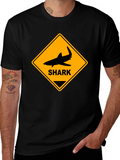 Shark Warning Sign Graphic Tee - Black Cotton T-Shirt