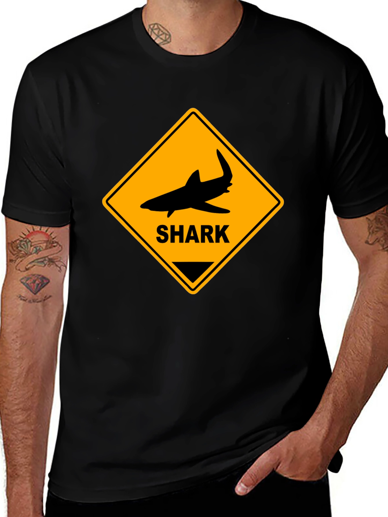 Shark Warning Sign Graphic Tee - Black Cotton T-Shirt