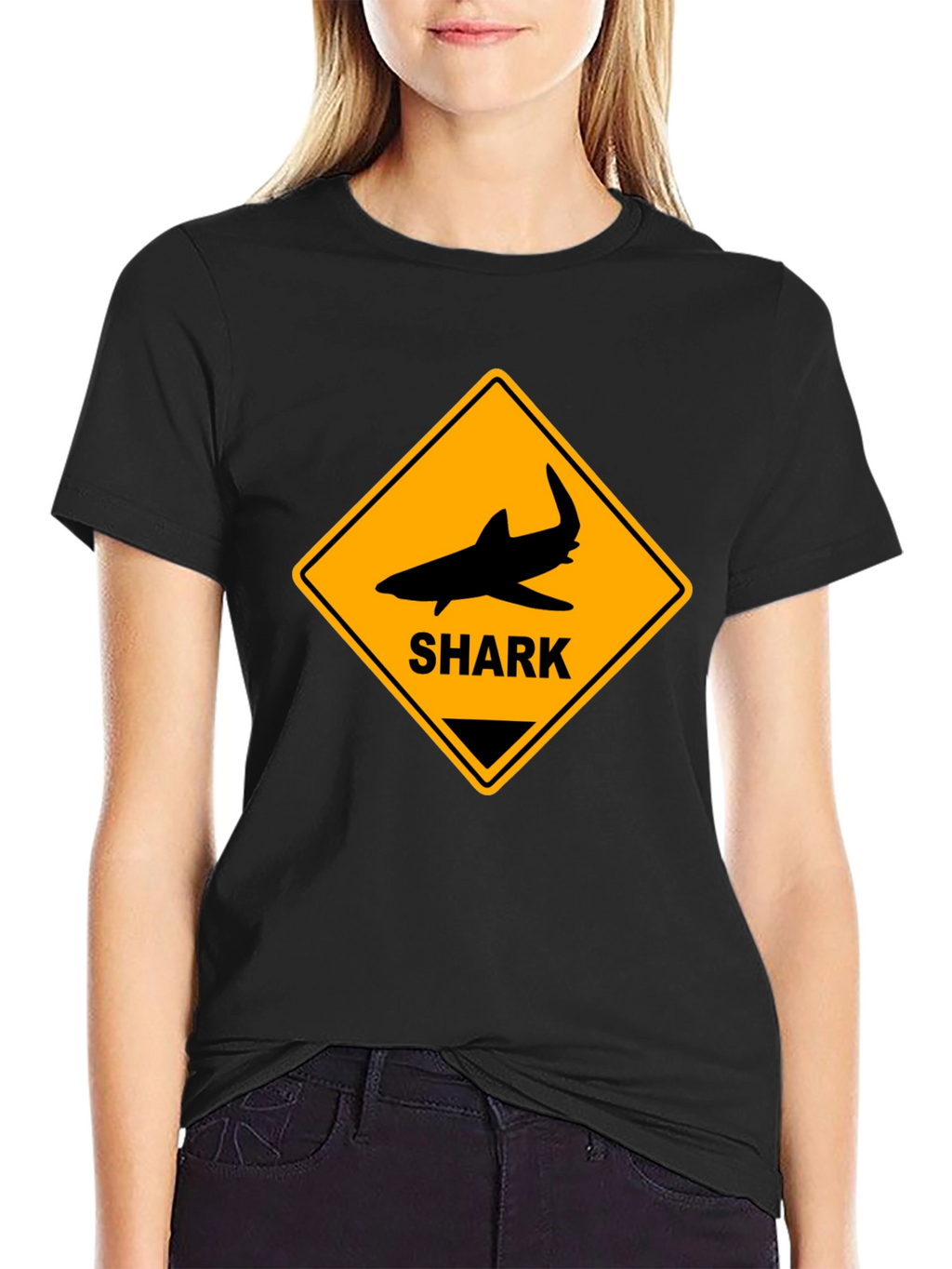 Shark Warning Sign Graphic Tee - Black Cotton T-Shirt
