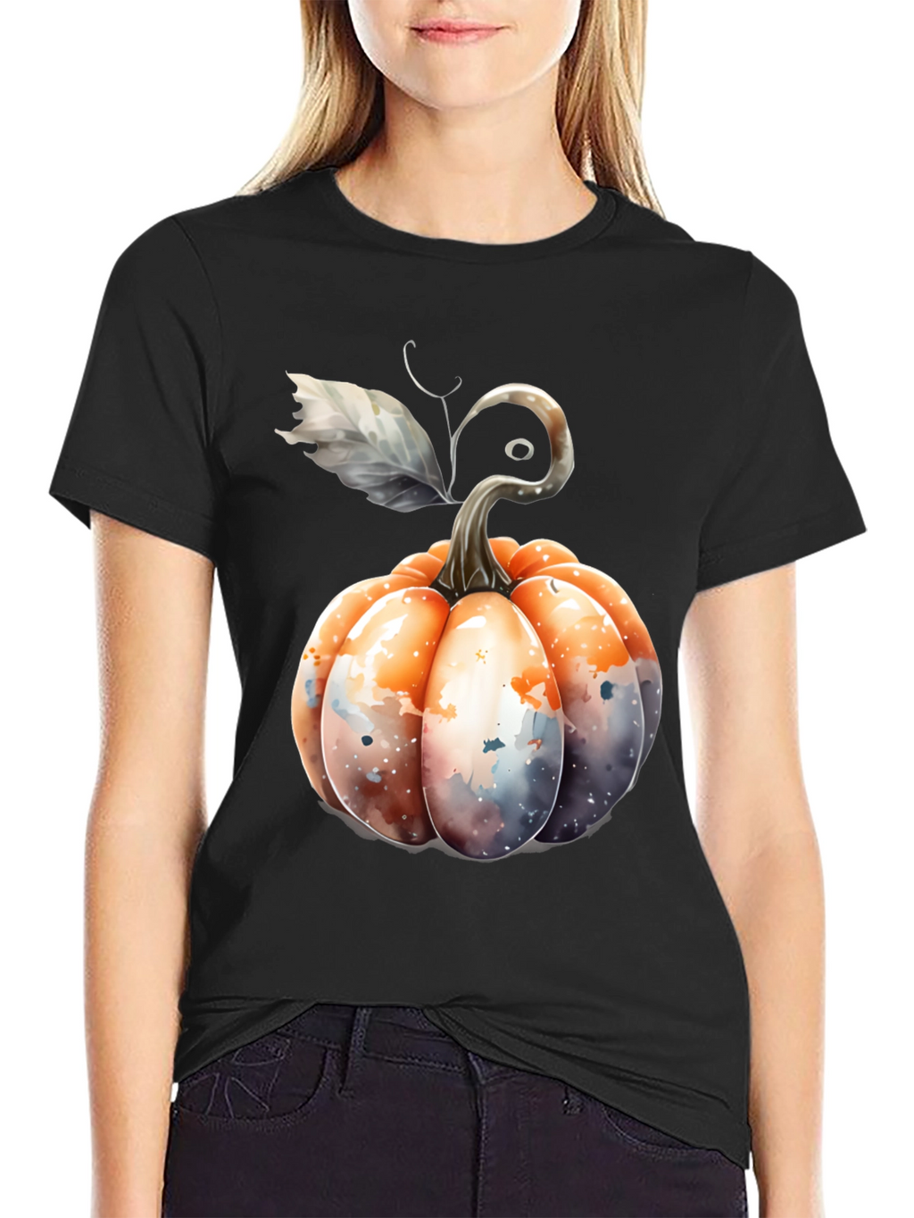 Watercolor Pumpkin Black Tee