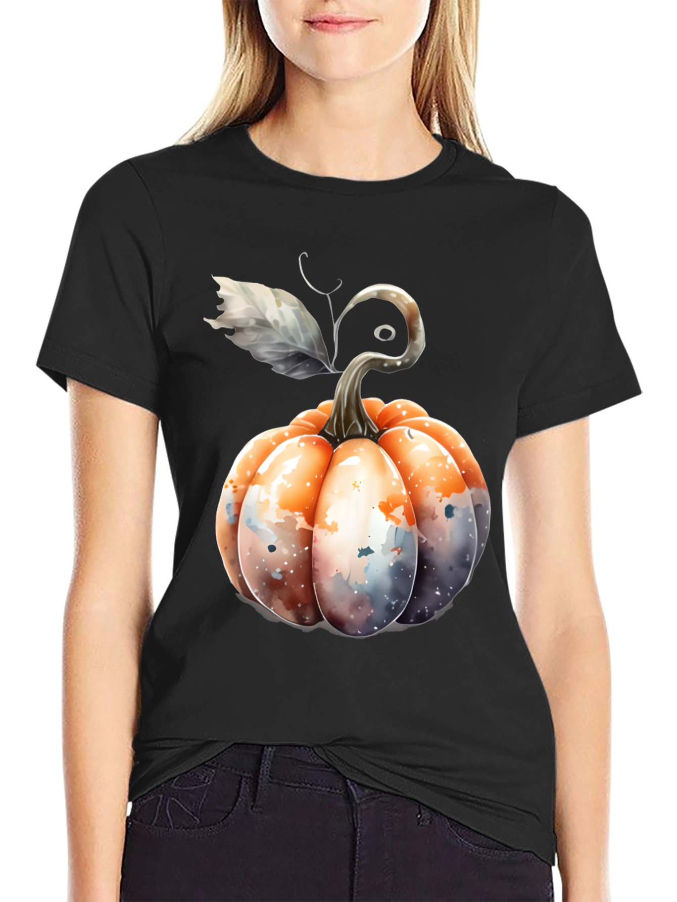 Watercolor Pumpkin Black Tee