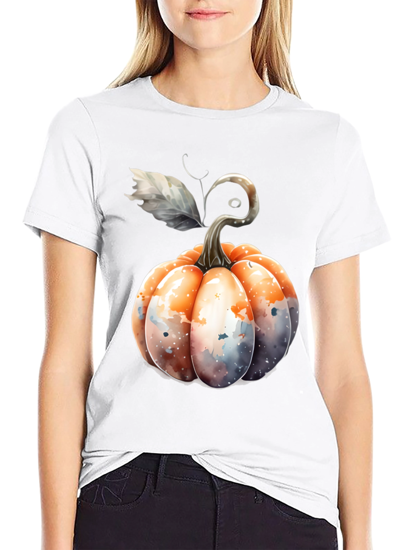 Watercolor Pumpkin Black Tee