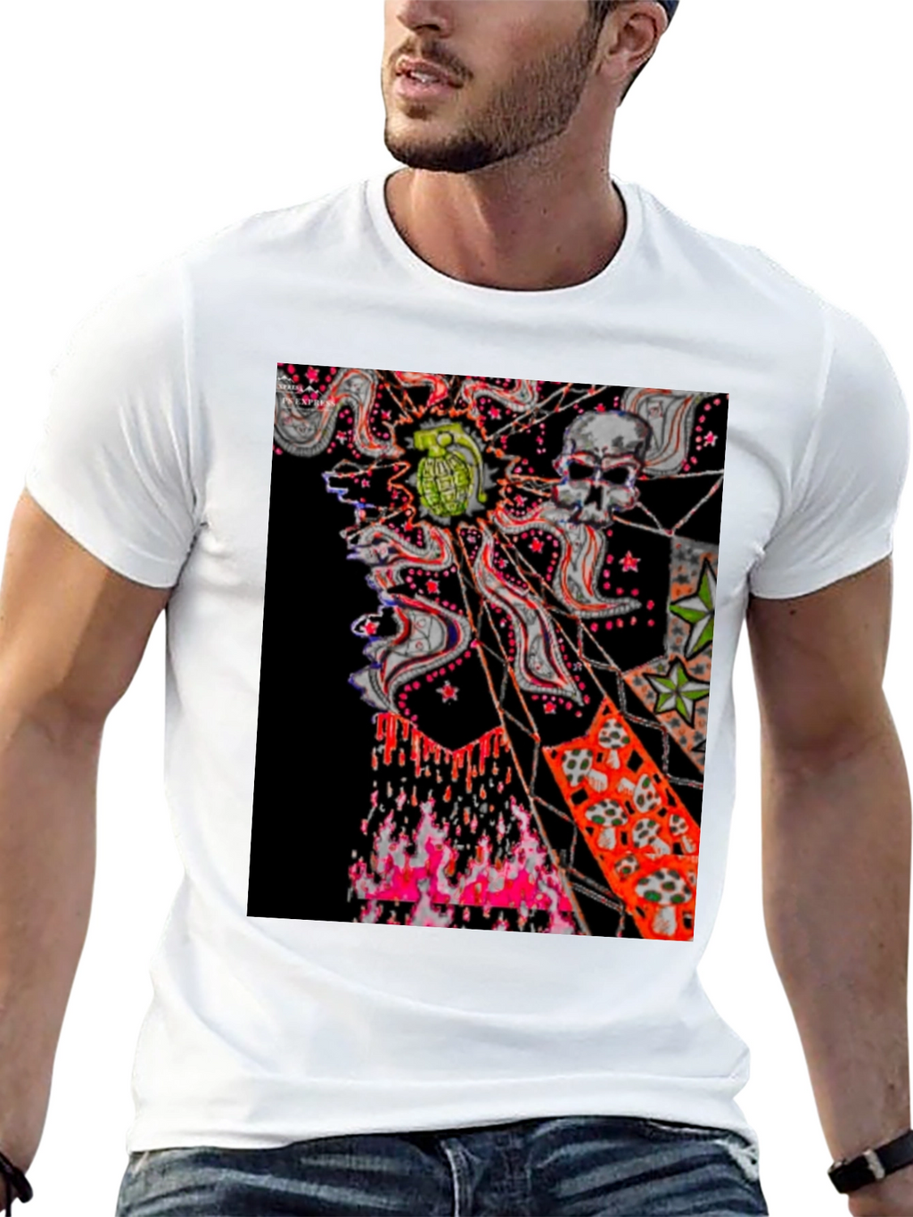Edgy Graphic Tee: Skull & Grenade Print Black T-Shirt