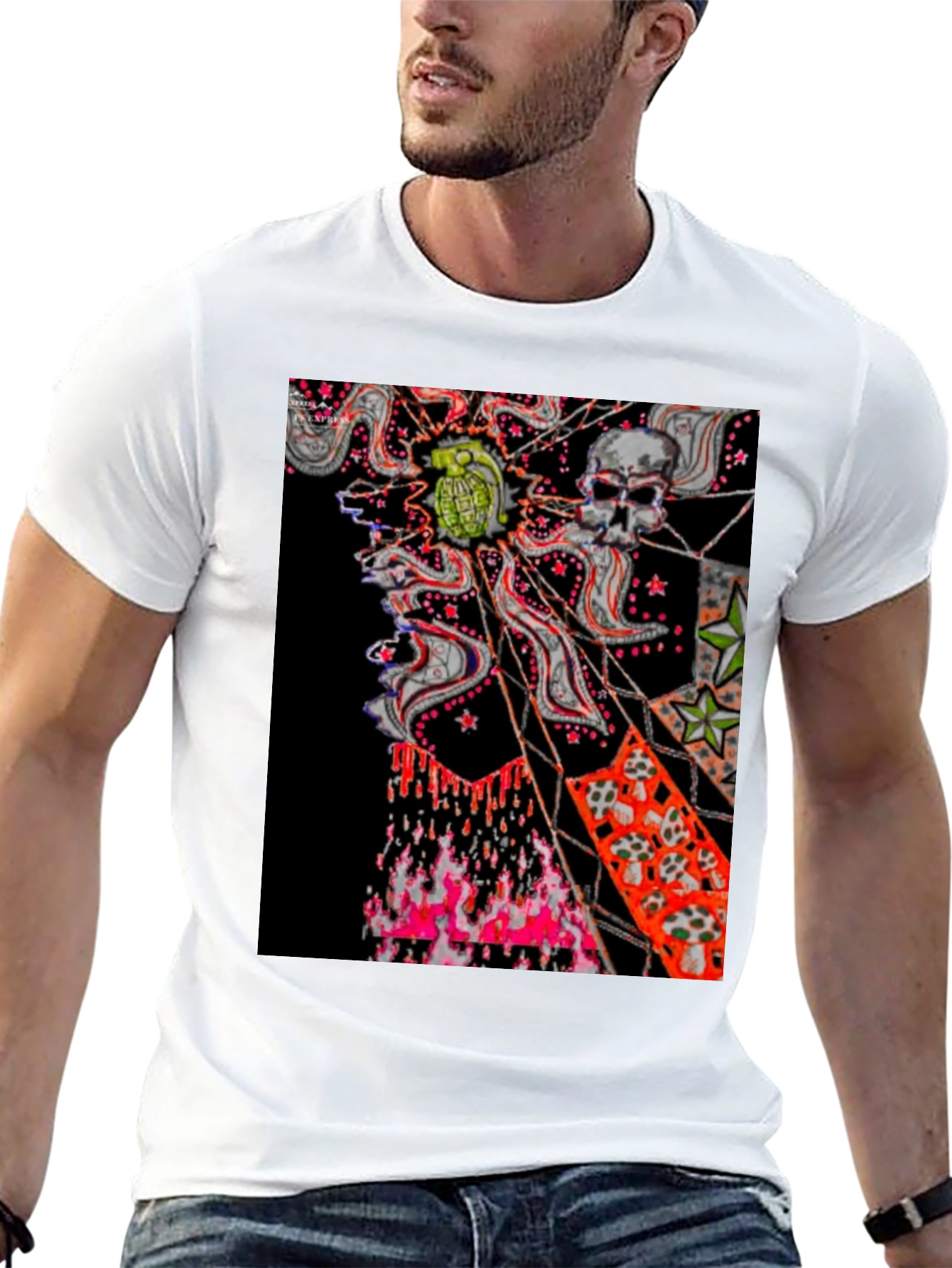 Edgy Graphic Tee: Skull & Grenade Print Black T-Shirt