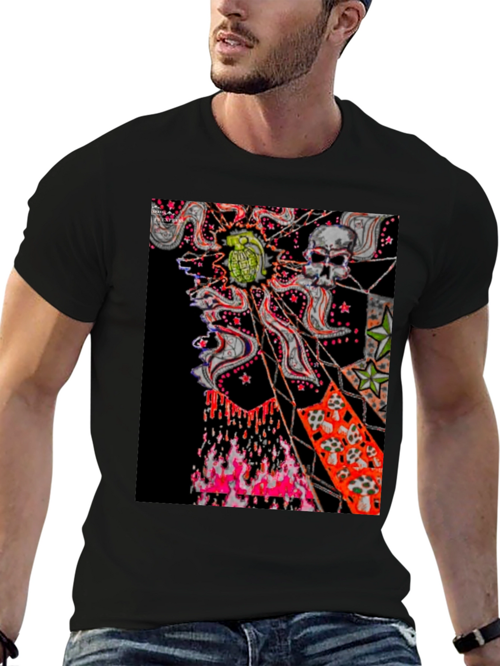 Edgy Graphic Tee: Skull & Grenade Print Black T-Shirt