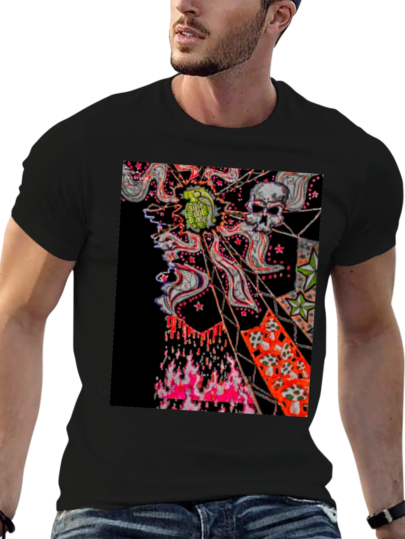 Edgy Graphic Tee: Skull & Grenade Print Black T-Shirt