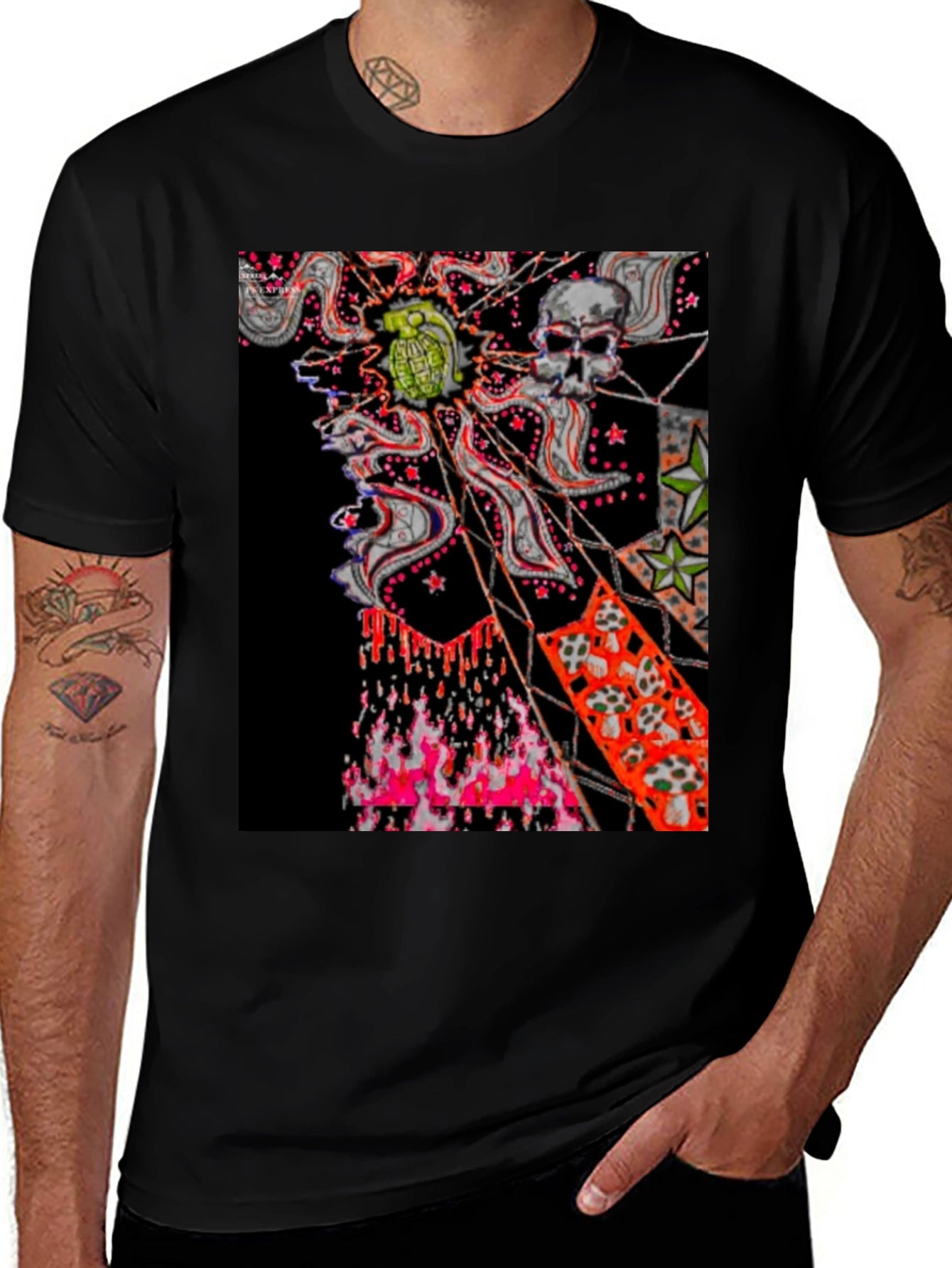 Edgy Graphic Tee: Skull & Grenade Print Black T-Shirt