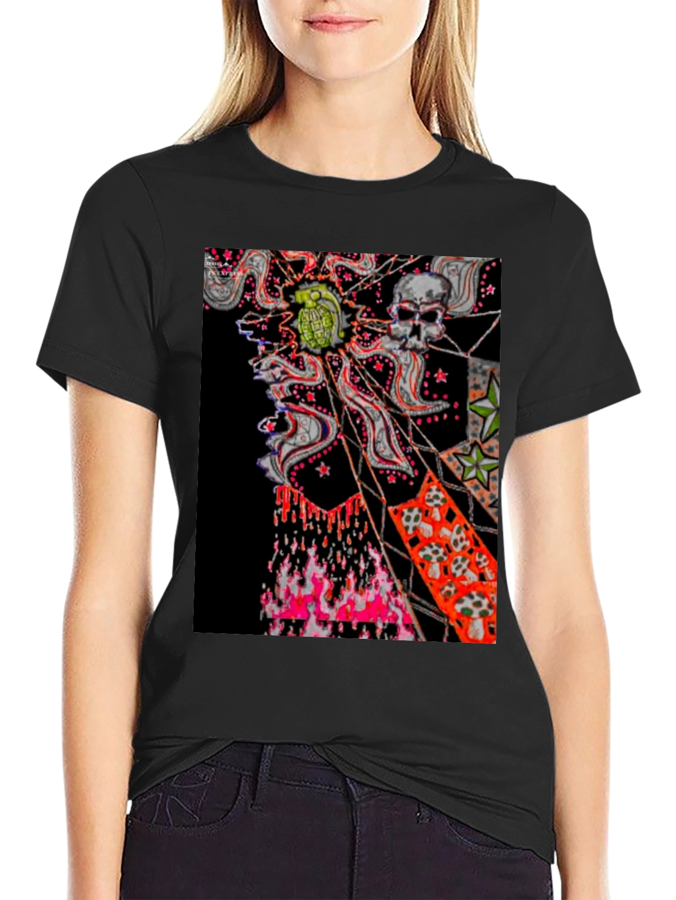 Edgy Graphic Tee: Skull & Grenade Print Black T-Shirt