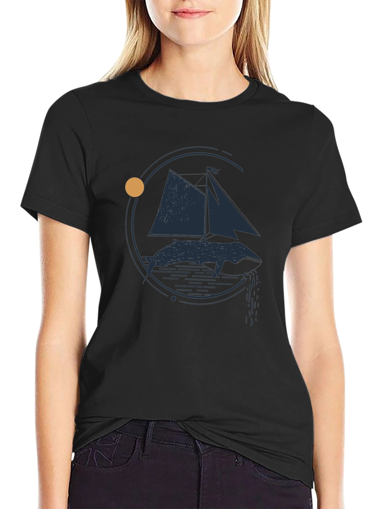 Whale and Sailboat Graphic Black Tee