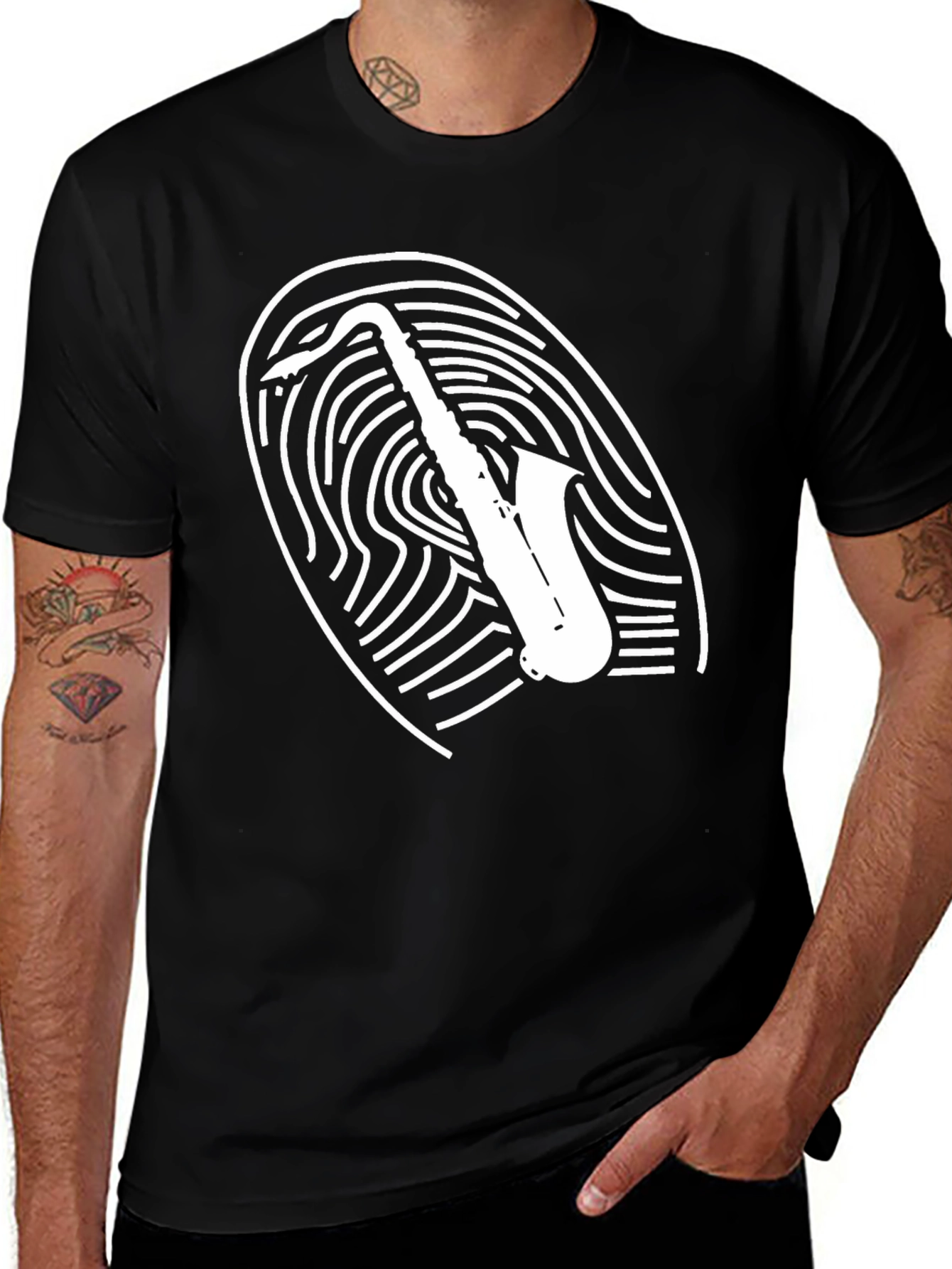 Saxophone Fingerprint Graphic Tee - Cool Musician T-Shirt