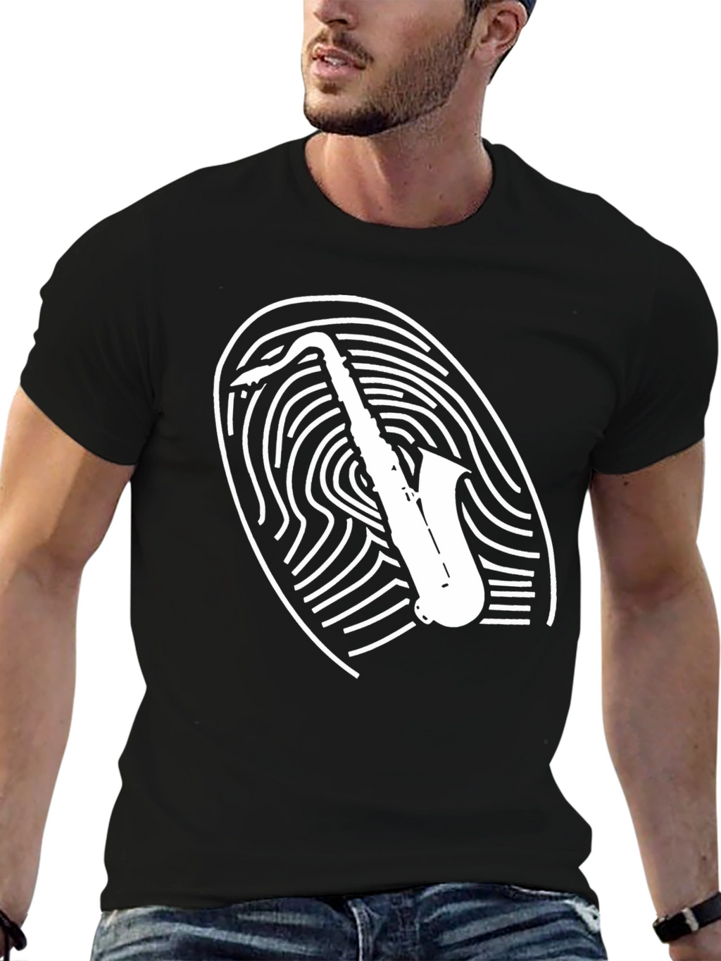 Saxophone Fingerprint Graphic Tee - Cool Musician T-Shirt