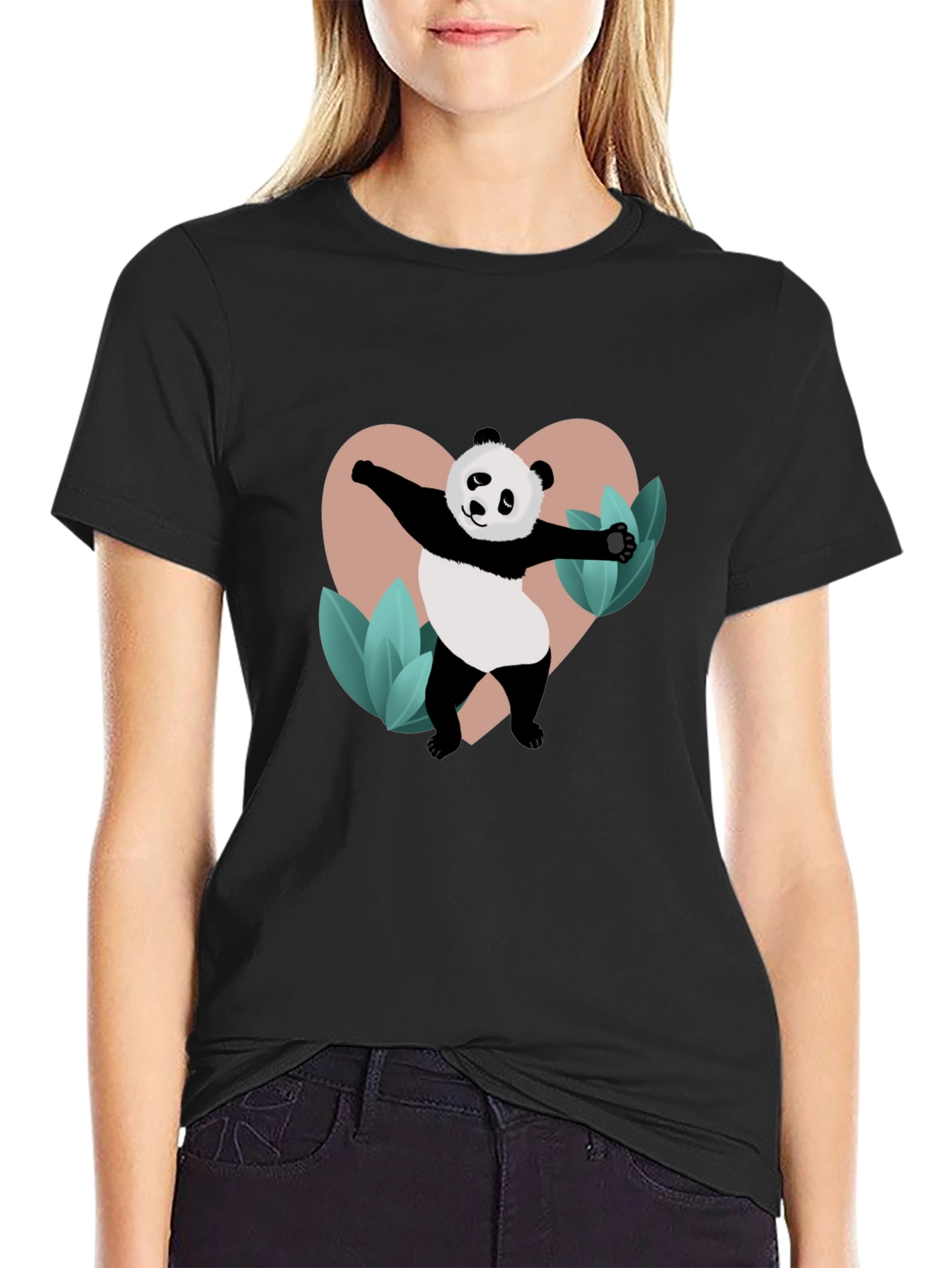 Panda Heart Graphic Black T-Shirt