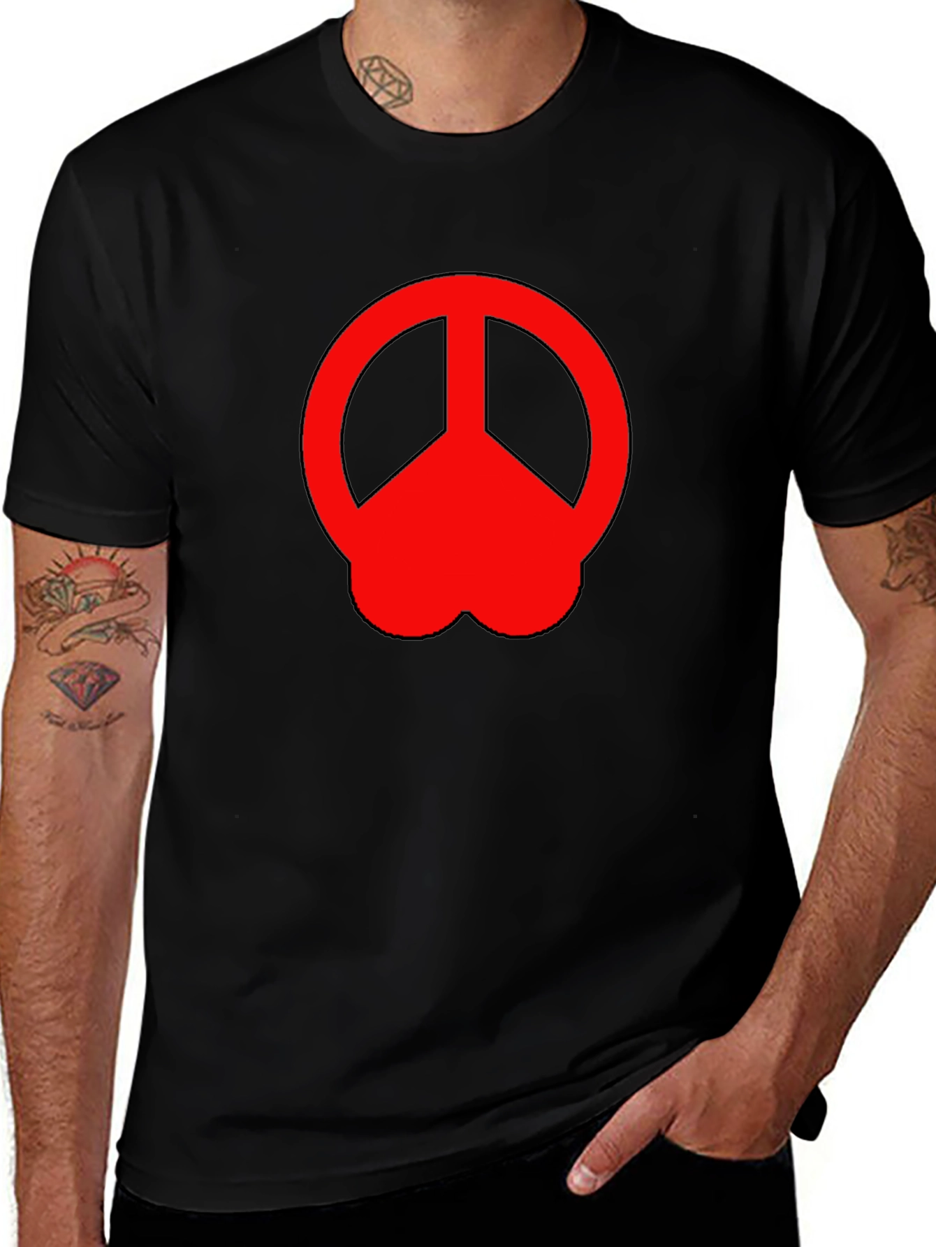 Peace Symbol T-Shirt - Red Graphic Print Black Cotton Tee