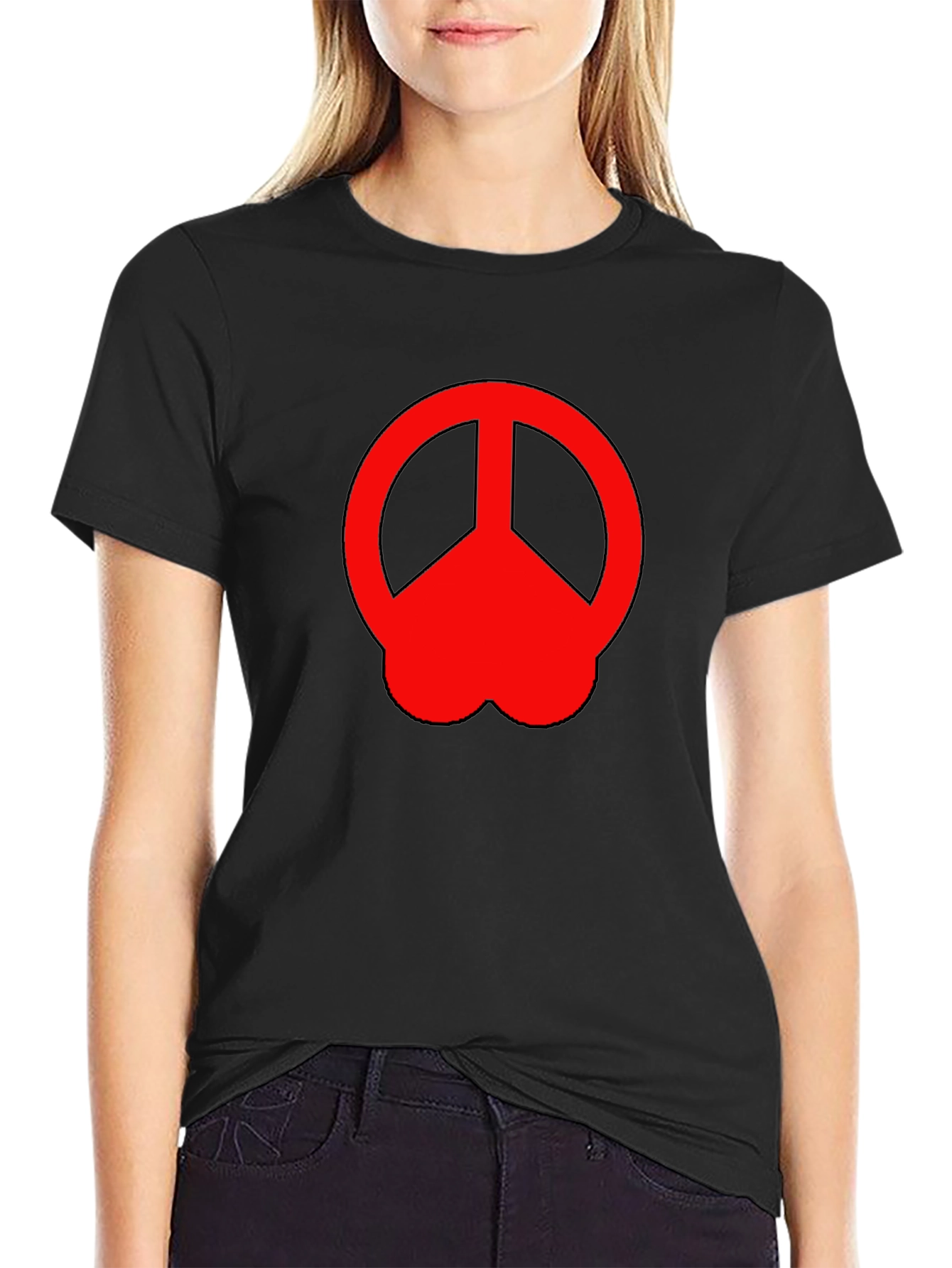 Peace Symbol T-Shirt - Red Graphic Print Black Cotton Tee