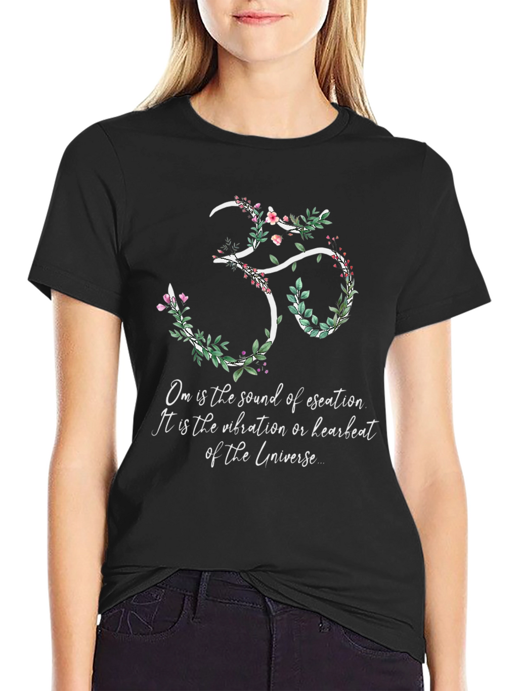 Om Universe Vibration Floral Black T-Shirt