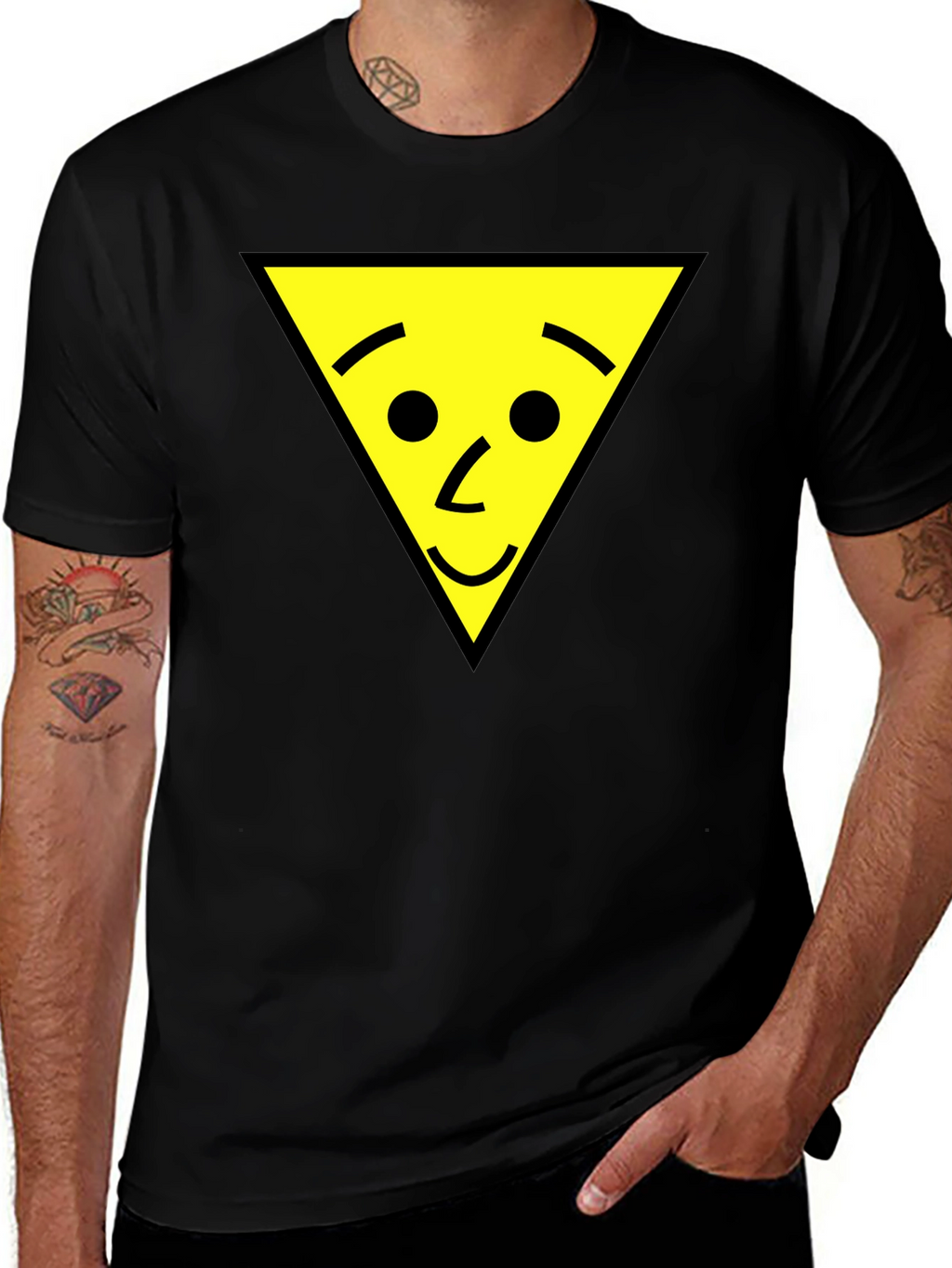 Funny Triangle Face Graphic Black T-Shirt