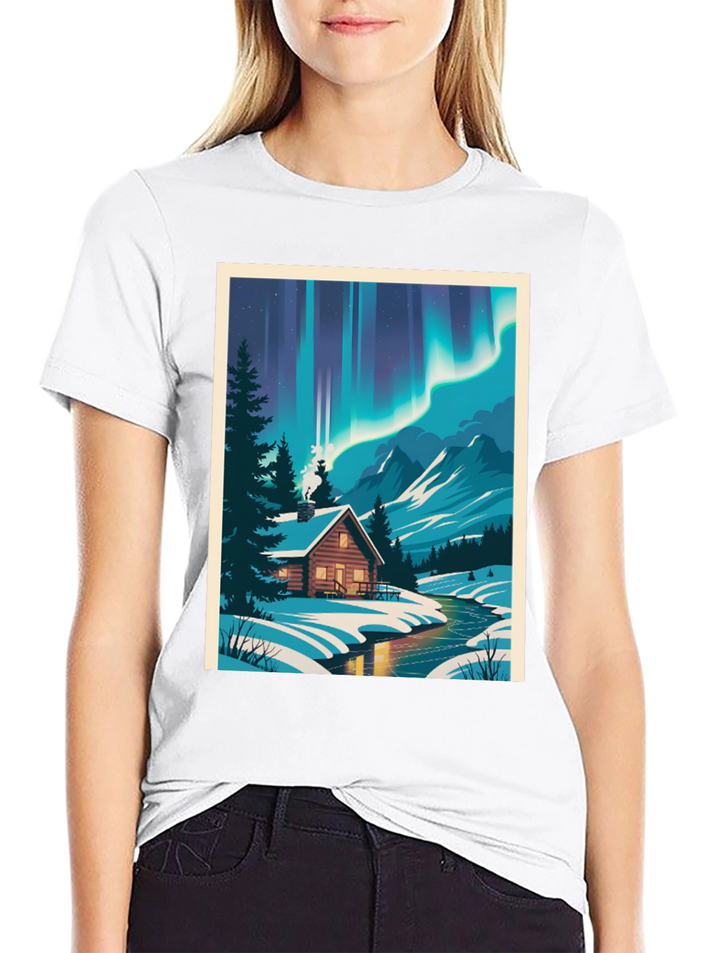 Cabin Under Aurora T-Shirt - Winter Scene Tee