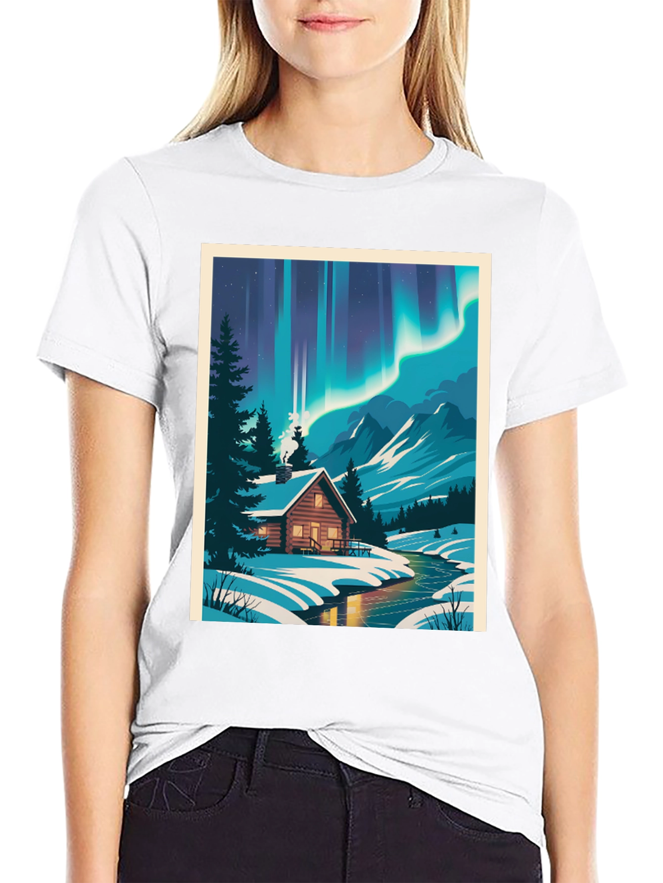 Cabin Under Aurora T-Shirt - Winter Scene Tee