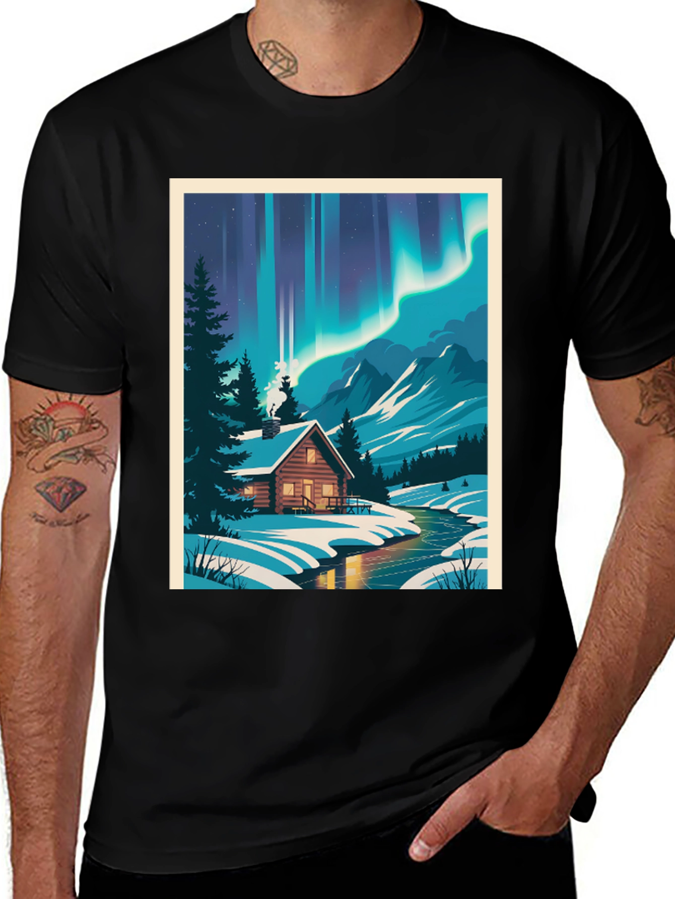 Cabin Under Aurora T-Shirt - Winter Scene Tee