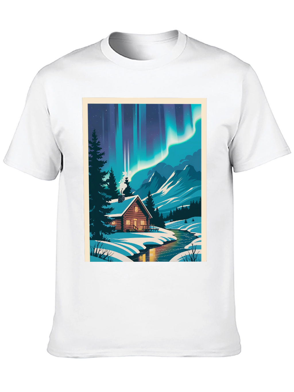 Cabin Under Aurora T-Shirt - Winter Scene Tee