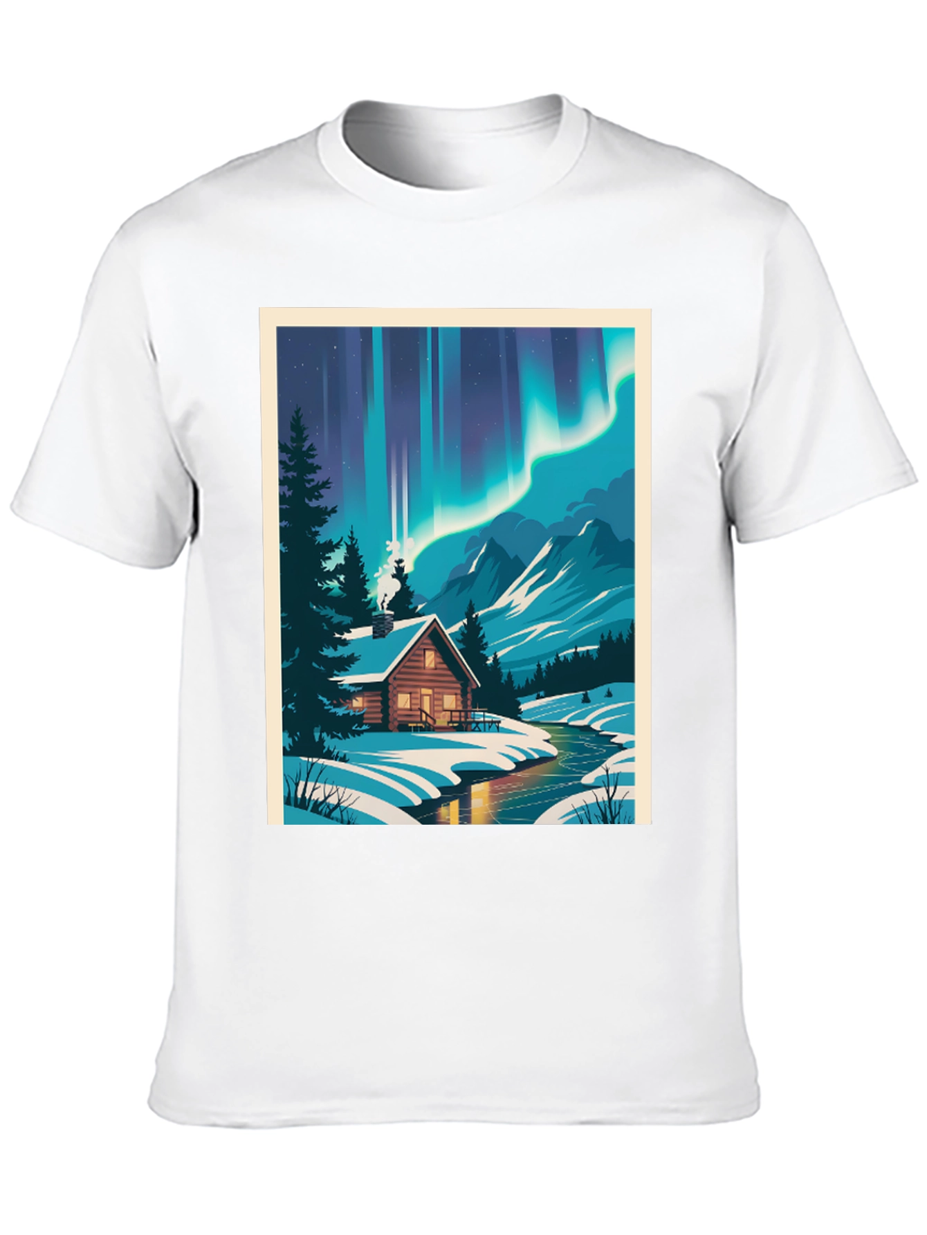 Cabin Under Aurora T-Shirt - Winter Scene Tee