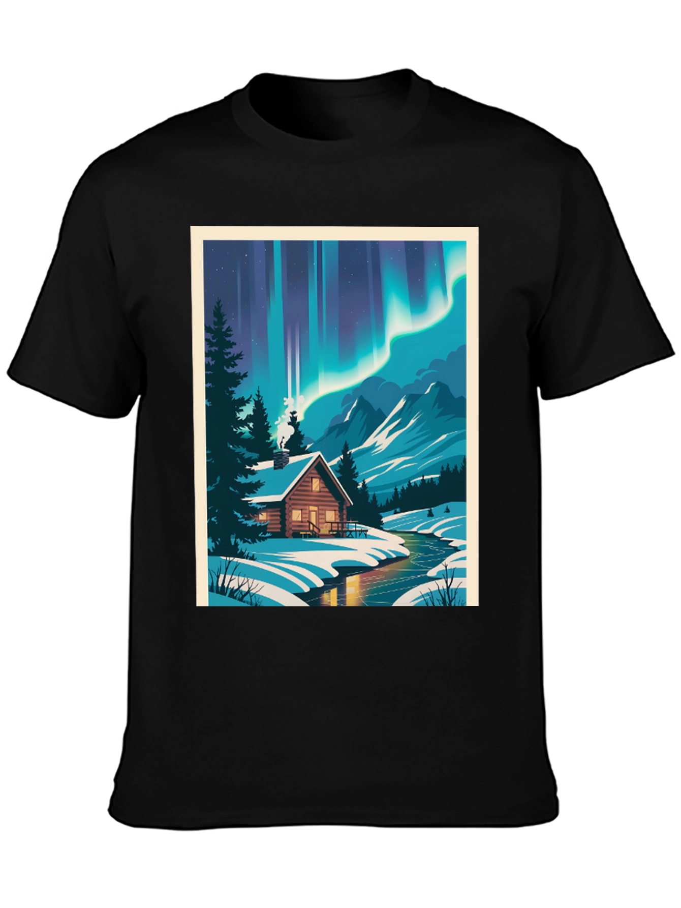 Cabin Under Aurora T-Shirt - Winter Scene Tee