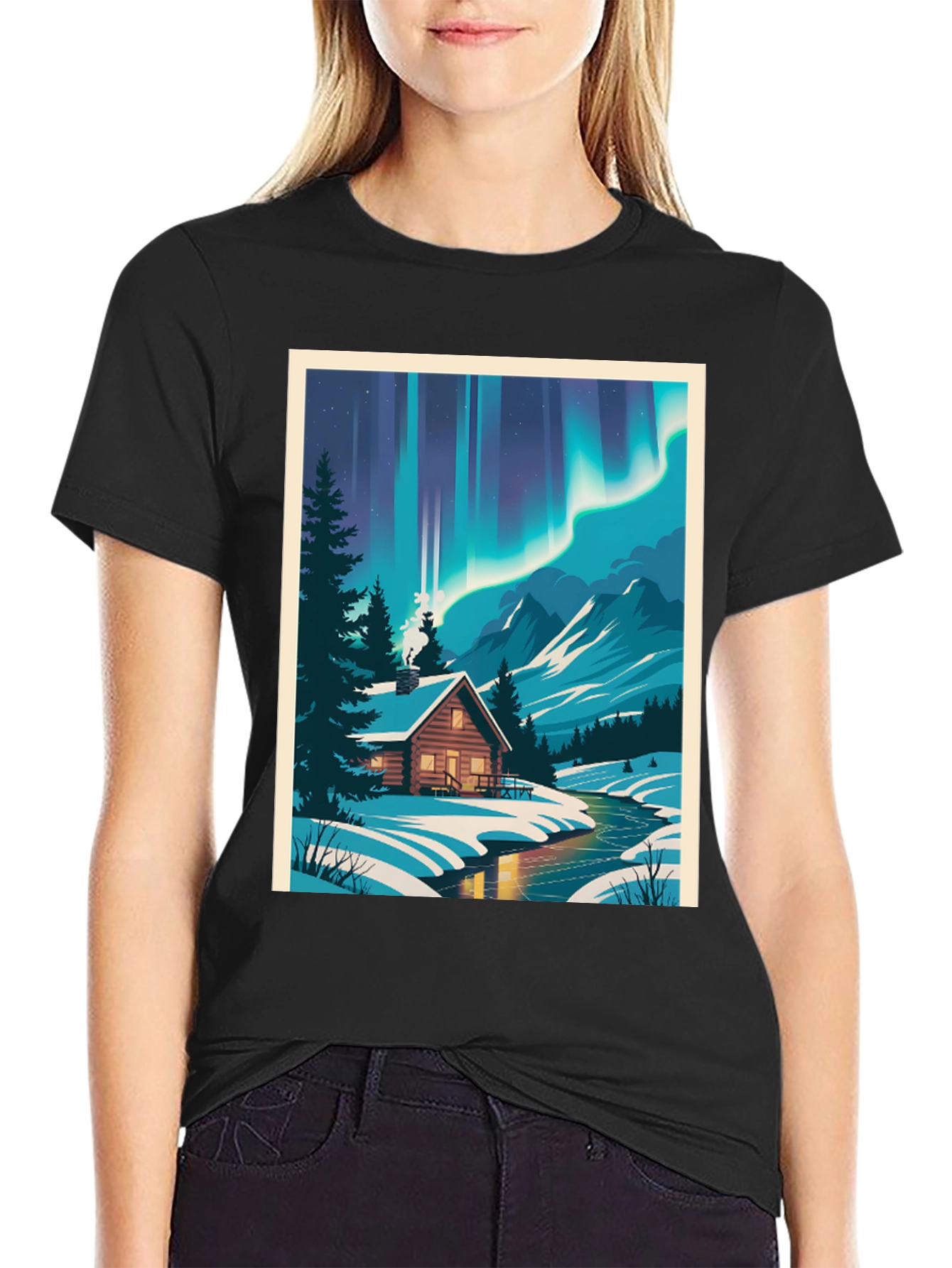 Cabin Under Aurora T-Shirt - Winter Scene Tee
