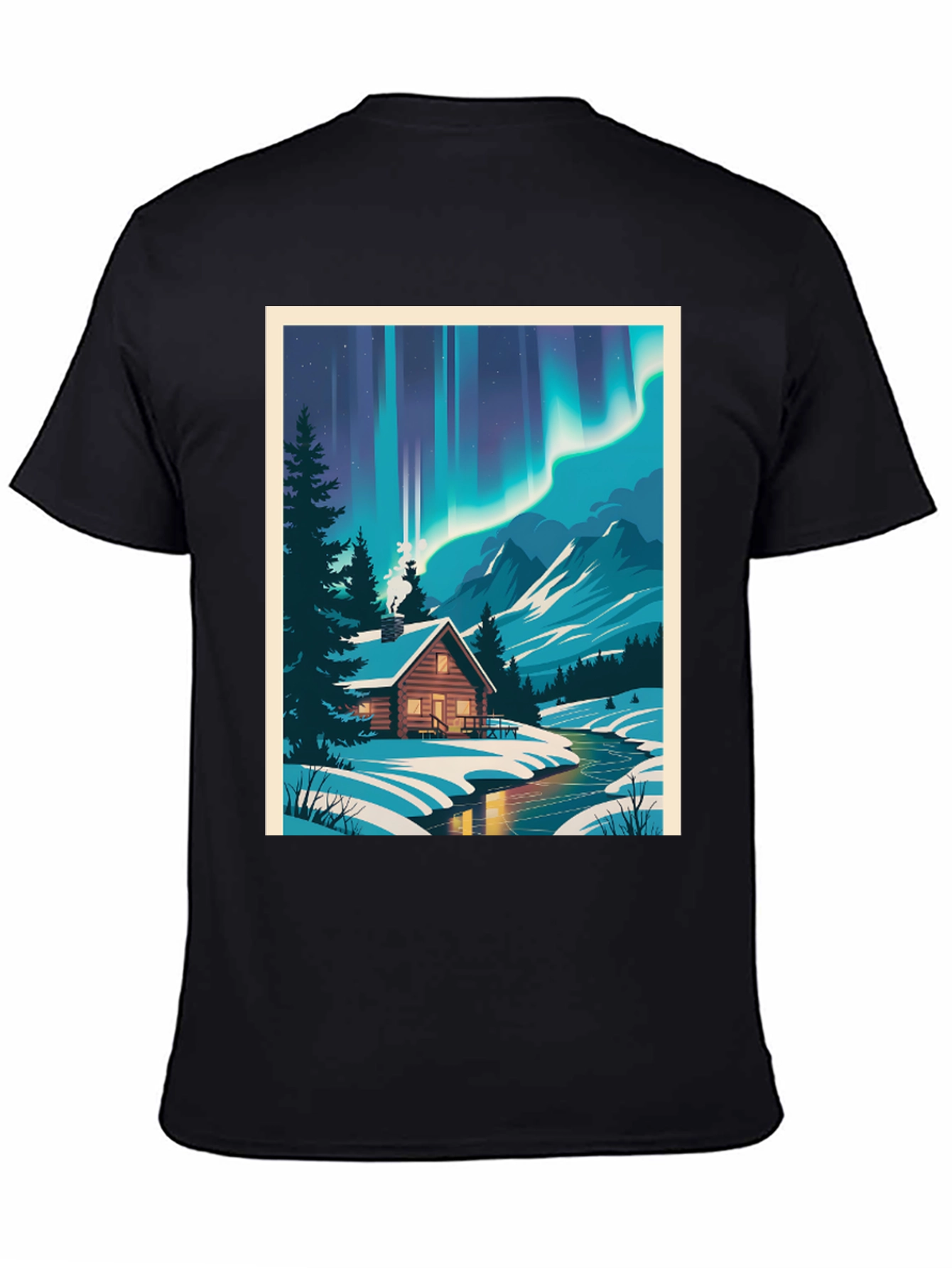 Cabin Under Aurora T-Shirt - Winter Scene Tee