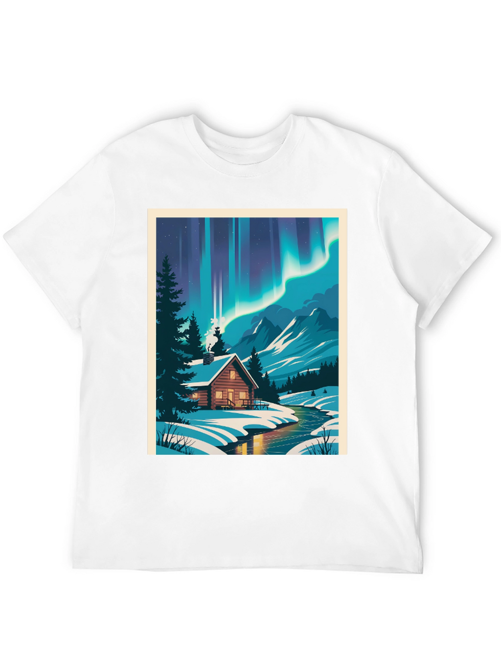 Cabin Under Aurora T-Shirt - Winter Scene Tee