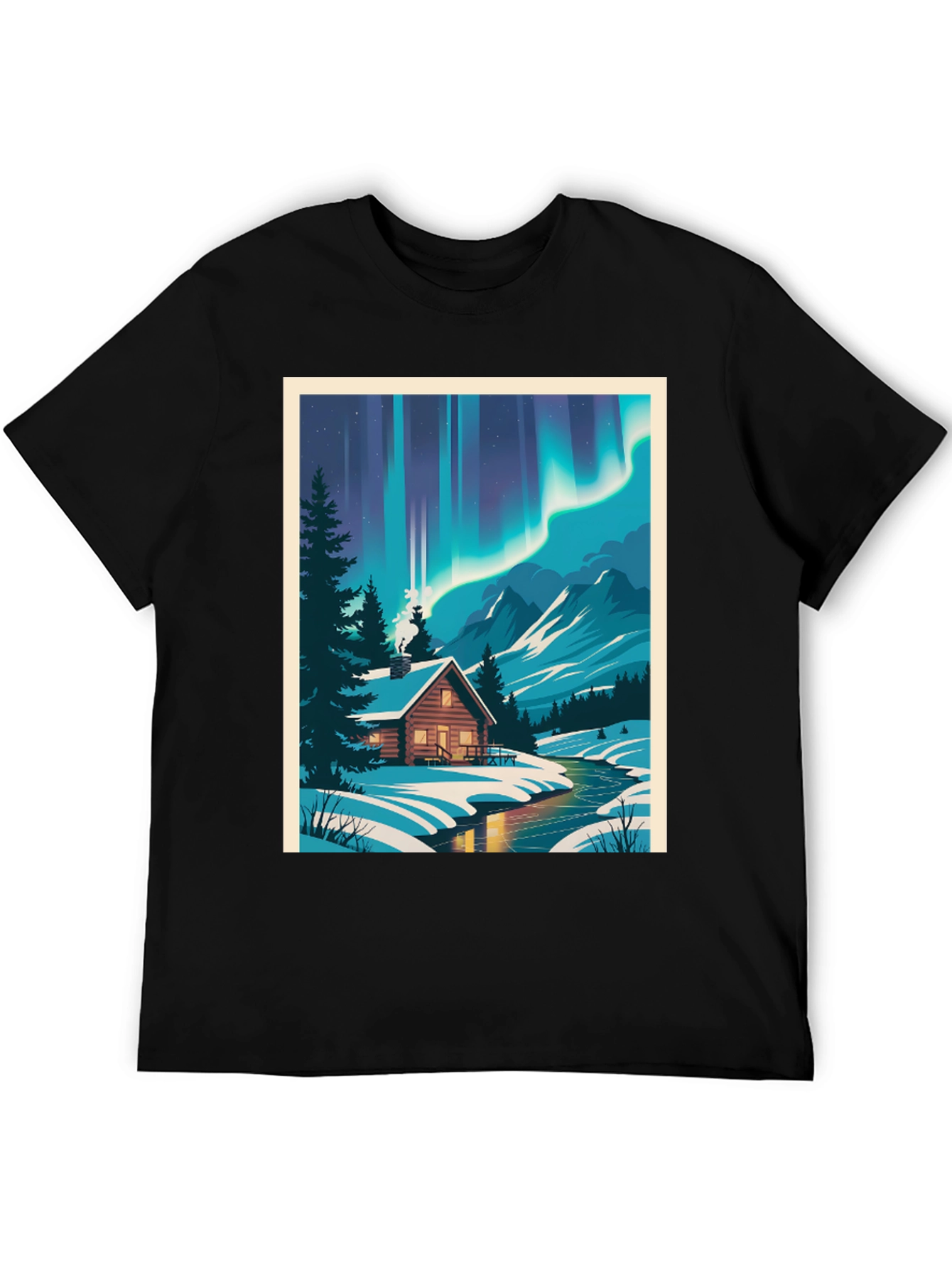 Cabin Under Aurora T-Shirt - Winter Scene Tee