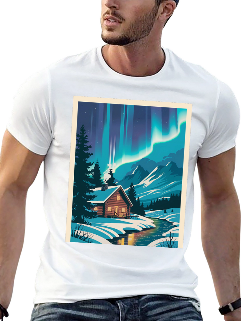 Cabin Under Aurora T-Shirt - Winter Scene Tee
