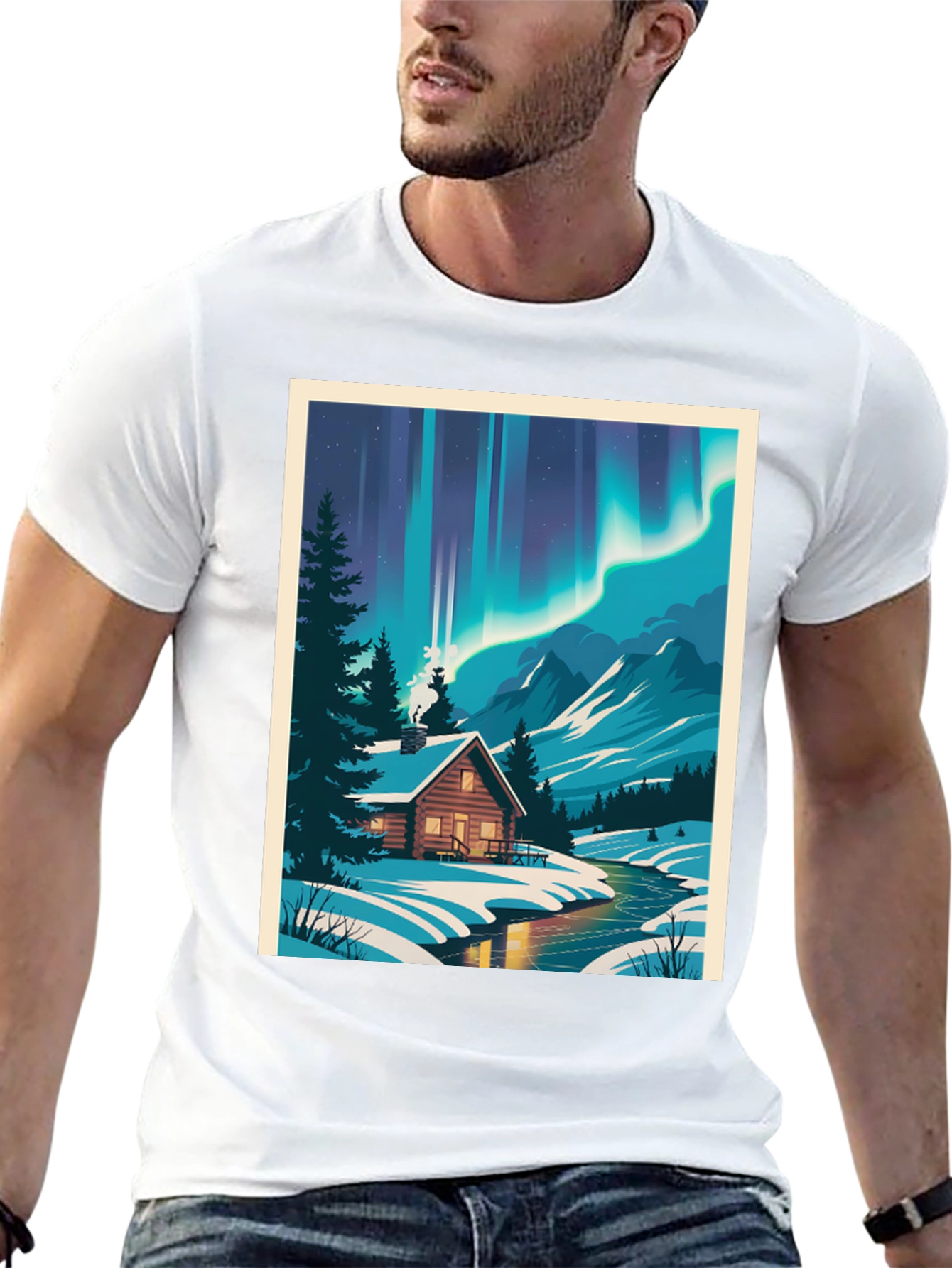 Cabin Under Aurora T-Shirt - Winter Scene Tee