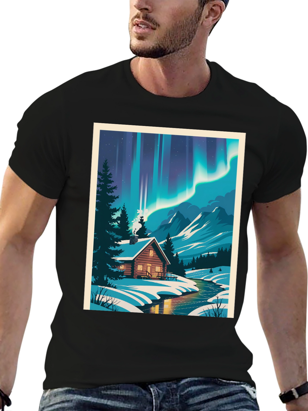 Cabin Under Aurora T-Shirt - Winter Scene Tee