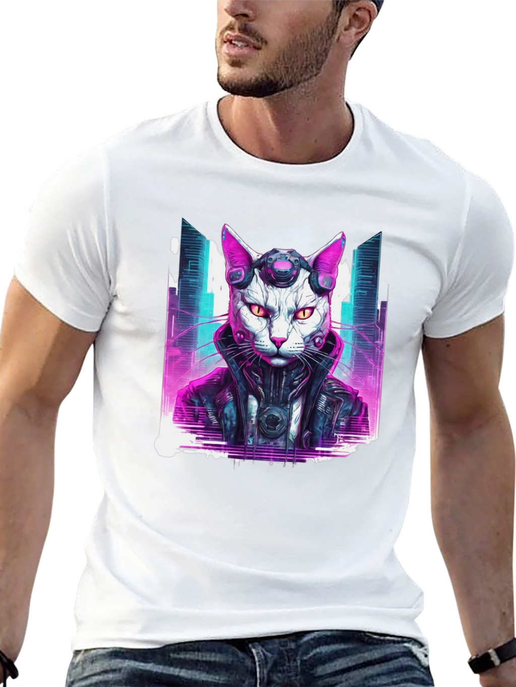 Cyberpunk Cat T-Shirt - Futuristic Neon Graphic Tee