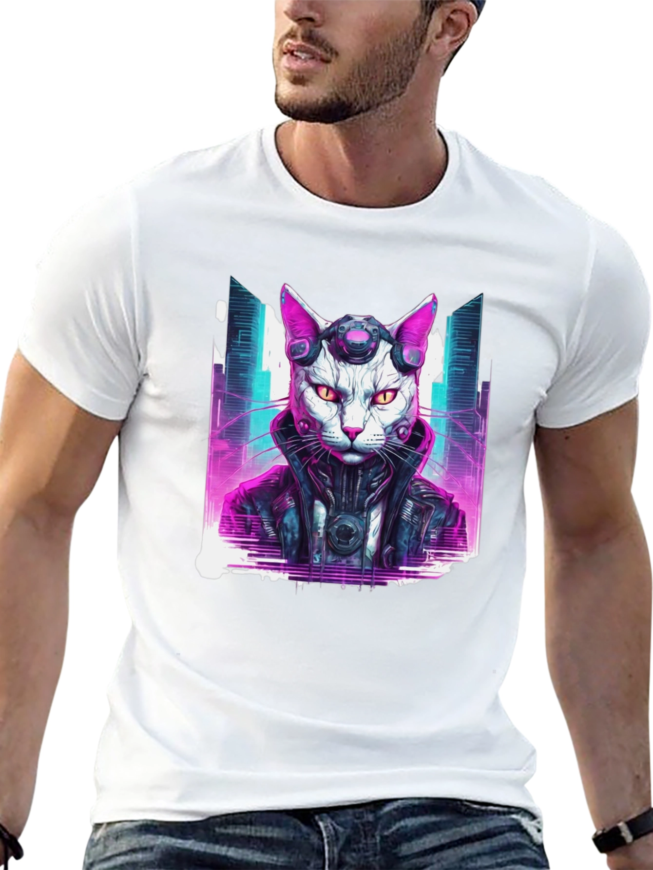 Cyberpunk Cat T-Shirt - Futuristic Neon Graphic Tee
