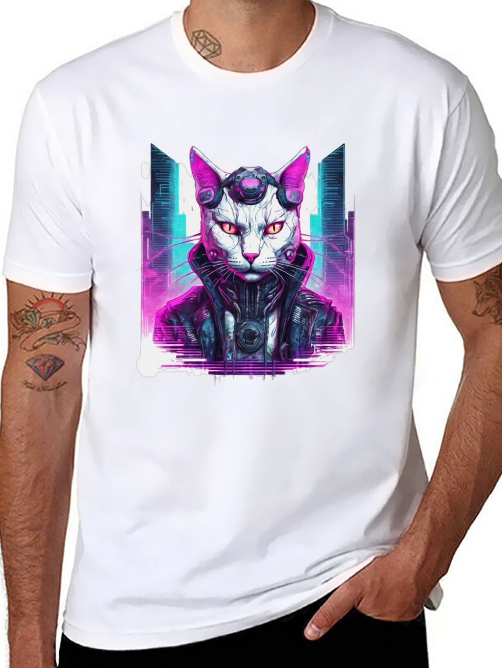 Cyberpunk Cat T-Shirt - Futuristic Neon Graphic Tee